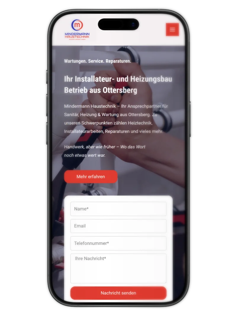 Website Mindermann Haustechnik - Mobile-Ansicht auf Smartphone, optimierte Navigation und Call-to-Action